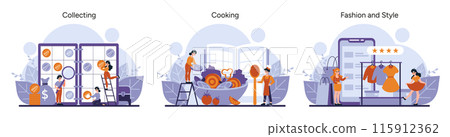 Collecting, Cooking, Fashion set. An avid collector organizes coins, a chef stirs a pot in the kitchen, and a shopper admires a chic dress. Each scene depicts specific hobbies. Vector illustration Collecting, Cooking, Fashion set. An avid collector organizes coins, a chef stirs a pot in the kitchen, and a shopper admires a chic dress. Each scene depicts specific hobbies. Vector illustration 115912362