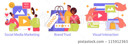 Millennial Engagement set. Navigating social media marketing, fostering brand trust, and enhancing visual interaction. Digital consumer behavior. Vector illustration. Millennial Engagement set. Navigating social media marketing, fostering brand trust, and enhancing visual interaction. Digital consumer behavior. Vector illustration. 115912363