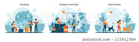 Adventure and Care set. Family exploring new destinations, enjoying camping, and loving pets. Worldwide travel, outdoor fun, and animal friendship. Vector illustration Adventure and Care set. Family exploring new destinations, enjoying camping, and loving pets. Worldwide travel, outdoor fun, and animal friendship. Vector illustration 115912364
