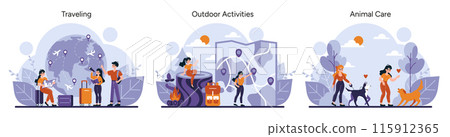 Social and family set. Experiences from globe-trotting to hiking, and pet interaction, depicting family bonds and outdoor pursuits. Moments of exploration and care. Vector illustration Social and family set. Experiences from globe-trotting to hiking, and pet interaction, depicting family bonds and outdoor pursuits. Moments of exploration and care. Vector illustration 115912365