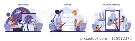 Creative Exploration set. Cosmic exploration, literary creativity, and artistic expression. Stargazing, imaginative writing, visual arts. Engaging in science, literature, and art. Vector illustration 115912373