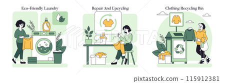 Sustainable Fashion set. Eco-friendly laundry, clothing repair and upcycling, recycling bin practices. Promoting environmental awareness in fashion. Vector illustration. 115912381