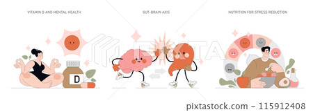 Nutrition and Mental Health set. Balancing vitamin intake, gut-brain connection, and stress reduction through diet. Characters portraying healthy living concepts. Vector illustration. 115912408