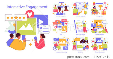 Interactive Engagement set. Digital engagement techniques like polls, quizzes, and gamified learning visuals. Audience interaction in webinars and ebooks. Vector illustration. 115912410