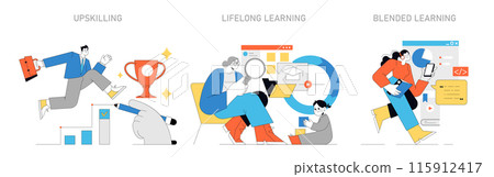 Continuous Learning concept. Career progression through upskilling, embracing lifelong learning, and combining traditional and digital methods. Vector illustration. 115912417