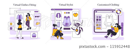 Fashion Tech set. Virtual clothes fitting, stylist assistance, and custom clothing design. Integrating technology in fashion for enhanced user experience. Vector illustration. 115912448