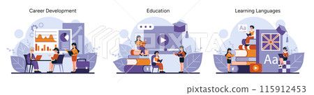 Professional Growth set. Stages of career development, academic learning, and language acquisition. Office teamwork, digital classroom, bilingual education. Vector illustration Professional Growth set. Stages of career development, academic learning, and language acquisition. Office teamwork, digital classroom, bilingual education. Vector illustration 115912453