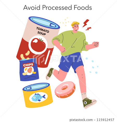 Low Histamine Diet concept. An individual actively avoids processed foods, promoting healthy dietary choices. Dietary management, well-being lifestyle. Vector illustration. 115912457