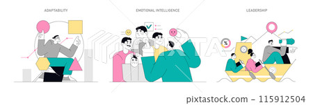 Soft Skills set. Illustrating adaptability, emotional intelligence, and leadership in work environments. Scenes embody dynamic corporate abilities. Vector illustration. 115912504