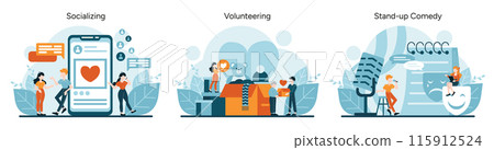 Community Engagement set. Digital interactions, charitable work, and entertainment. People connecting online, helping community, and enjoying humor. Vector illustration Community Engagement set. Digital interactions, charitable work, and entertainment. People connecting online, helping community, and enjoying humor. Vector illustration 115912524