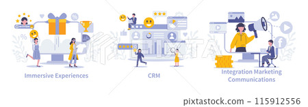 Strategic approaches in marketing set. Enhancing brand interaction through immersive experiences, CRM, and integrated marketing. Vector illustration. 115912556