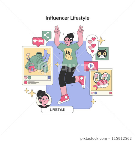 Social Influencer concept. Digital creator sharing trendy lifestyle content, engaging with followers through fashion, food, and pets. Vector illustration. Social Influencer concept. Digital creator sharing trendy lifestyle content, engaging with followers through fashion, food, and pets. Vector illustration. 115912562