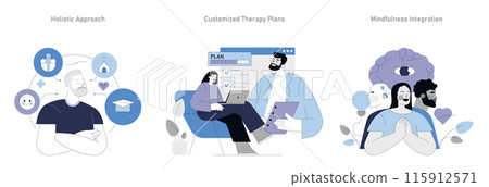 Integrative Psychotherapy set. Holistic mental wellness through customized therapy and mindfulness. Striving for personal growth and balanced health. Vector illustration. 115912571