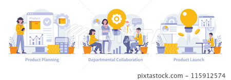 Product development set. Critical planning, cross-departmental collaboration, and the excitement of a product launch. The journey from blueprint to market. Vector illustration. 115912574