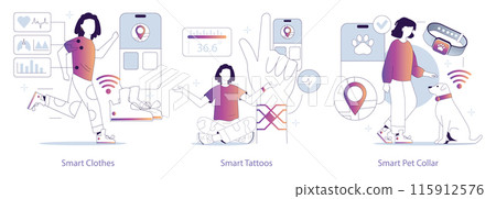 Wearable Tech set. Smart clothes with integrated health data, tattoos for monitoring, and pet collars for tracking. Seamless tech integration in daily life. Vector illustration. Wearable Tech set. Smart clothes with integrated health data, tattoos for monitoring, and pet collars for tracking. Seamless tech integration in daily life. Vector illustration. 115912576