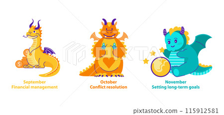 Dragon Helpers set. Illustration of dragons guiding through financial savvy, peaceful conflict resolution, and achieving aspirations. Fall season personal growth series. Vector illustration. 115912581