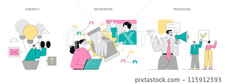 Soft Skills set. Illustrations depicting curiosity, networking, and persuasion in professional scenarios. Enhancing team communication and personal development. Vector illustration. 115912593