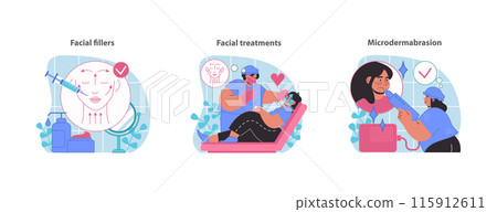 Facial enhancement set. Illustrating filler injections, comprehensive skincare treatments, and exfoliating microdermabrasion sessions. Flat vector illustration. Facial enhancement set. Illustrating filler injections, comprehensive skincare treatments, and exfoliating microdermabrasion sessions. Flat vector illustration. 115912611