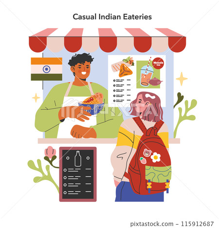 Indian Cuisine concept. Vibrant food stall scene with a happy vendor serving a customer. Cultural diversity and culinary traditions. Vector illustration. 115912687