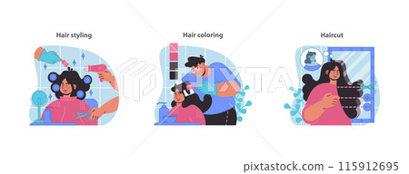 Hair salon services set. Stylish haircuts, vibrant coloring techniques, and personalized styling options. Flat vector illustration. Hair salon services set. Stylish haircuts, vibrant coloring techniques, and personalized styling options. Flat vector illustration. 115912695