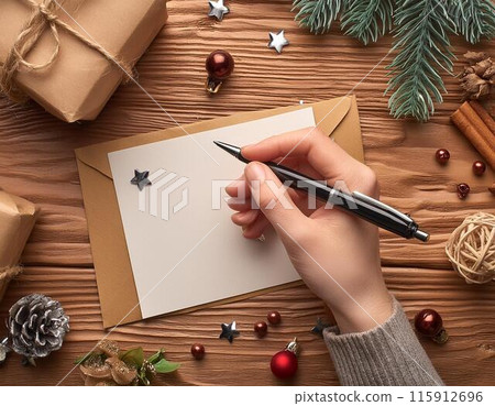 Hands writing a letter at the Christmas table Hands writing a letter at the Christmas table 115912696