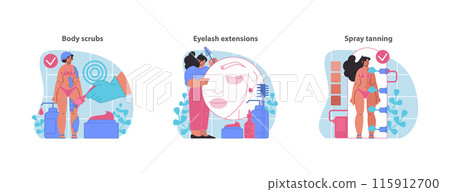 Body care set. Showcasing nourishing body scrubs, meticulous eyelash extensions, and even, natural-looking spray tans. Flat vector illustration. 115912700