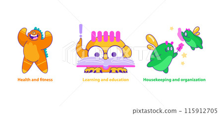 Monster Helpers set. Colorful monsters embodying fitness, education, and tidiness. Dynamic assistance in self-improvement. Vector illustration. Monster Helpers set. Colorful monsters embodying fitness, education, and tidiness. Dynamic assistance in self-improvement. Vector illustration. 115912705
