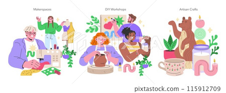 Maker Culture concept A vibrant showcase of makerspaces, DIY workshops, and artisan crafts, highlighting hands-on creativity and personal craftsmanship Vector illustration Maker Culture concept A vibrant showcase of makerspaces, DIY workshops, and artisan crafts, highlighting hands-on creativity and personal craftsmanship Vector illustration 115912709