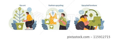 Upcycling Illustration Trio. Engaging visuals showcasing eco-art creation, fashion upcycling, and furniture repurposing, capturing the essence of sustainable innovation and lifestyle. 115912715
