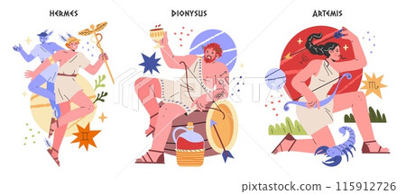 Ancient Greek Gods set. Hermes, Dionysus, and Artemis portrayed in vibrant modern illustrations. Mythological figures with symbolic attributes. Vector illustration. 115912726