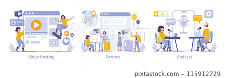 Internet Mass Media set. Dynamic video hosting, engaging forums, and informative podcasting. Interactive digital culture and content creation. Vector illustration. 115912729