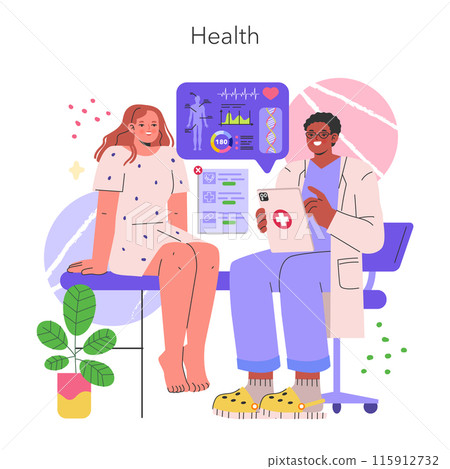 Healthcare consultation vector illustration. A doctor is discussing medical diagnostics with a patient using digital aids. Patient health evaluation and modern medicine. Vector illustration. Healthcare consultation vector illustration. A doctor is discussing medical diagnostics with a patient using digital aids. Patient health evaluation and modern medicine. Vector illustration. 115912732