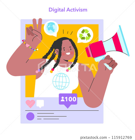 Digital Activism concept. A person engaging in social causes online, promoting sustainability and global awareness. Social media influence and eco-activism. Vector illustration. 115912769