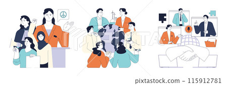 Political action set. Diverse people involved in global education, economic growth, environmental activism, democracy and diplomacy building. Sustainable development. Flat vector illustration. 115912781
