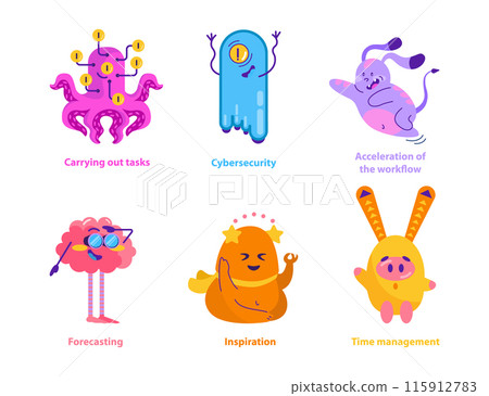 Monster Helper set. Imaginative creatures personifying business concepts like task execution, cybersecurity, and workflow. Productivity and creativity themes. Vector illustration. 115912783