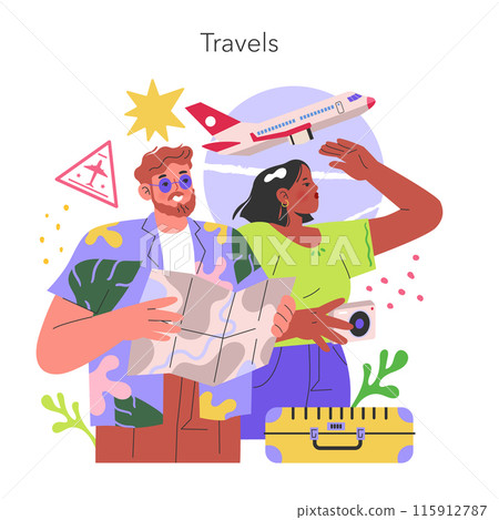 Travel concept. Diverse couple holding a map and camera with an airplane overhead. Exploring new places and cultures. Vector illustration. Travel concept. Diverse couple holding a map and camera with an airplane overhead. Exploring new places and cultures. Vector illustration. 115912787