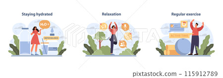 Healthy Life essentials set. Illustrations depict hydration, stress-free lifestyle, and fitness activities. Importance of water, peace, and movement. Vector illustration. Healthy Life essentials set. Illustrations depict hydration, stress-free lifestyle, and fitness activities. Importance of water, peace, and movement. Vector illustration. 115912789