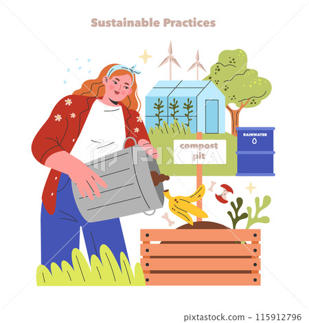 Sustainable farming concept. Woman engages in eco-friendly agriculture, composting organic waste near greenhouse and wind turbines. Vector illustration. Sustainable farming concept. Woman engages in eco-friendly agriculture, composting organic waste near greenhouse and wind turbines. Vector illustration. 115912796