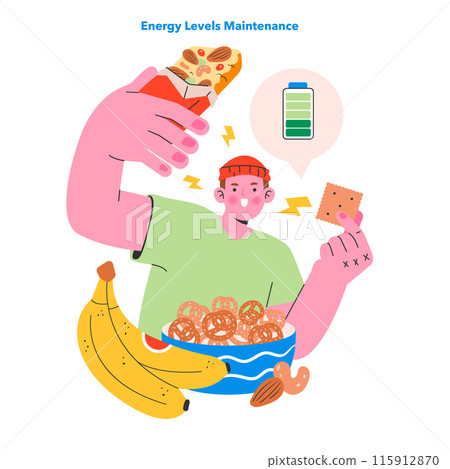 Healthy Snacking concept. Choices for sustaining energy with smart food options. Balanced diet, nuts, fruits, energetic lifestyle. Vector illustration. 115912870