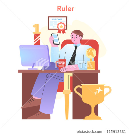 Ruler concept. Commanding presence in a corporate setting. Authority and ambition symbolized through trophies and diploma. Leadership in the workplace. Vector illustration. Ruler concept. Commanding presence in a corporate setting. Authority and ambition symbolized through trophies and diploma. Leadership in the workplace. Vector illustration. 115912881