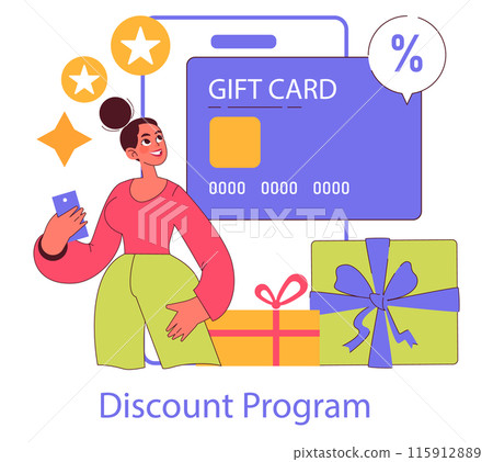 Loyalty Program concept. Customer enjoying benefits of a reward system, showcasing gift card and discounts alongside cheerful imagery. Vector illustration. 115912889