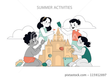 Summer Activities illustration. Children build a sand castle at the beach, enjoying creativity and teamwork. Holiday fun with beach toys. Vector illustration. 115912897