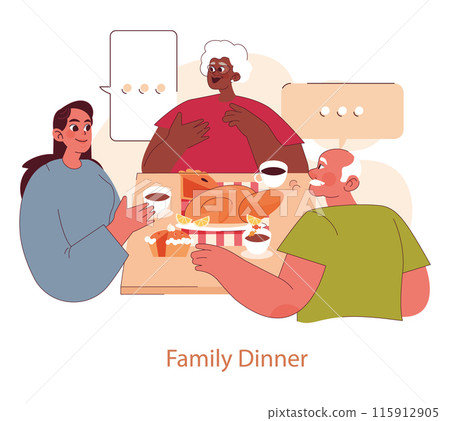 Grandparents Day illustration. A cozy multigenerational family meal with grandparents and speech bubbles. Bonding over dinner. Vector illustration. Grandparents Day illustration. A cozy multigenerational family meal with grandparents and speech bubbles. Bonding over dinner. Vector illustration. 115912905
