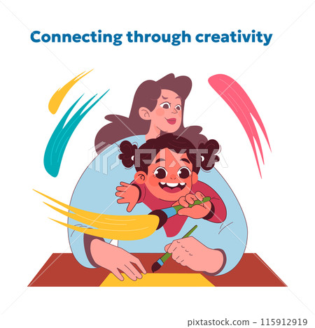Creative bonding concept. Adult and inner child joyfully connect through art, symbolizing playful imagination and emotional growth. Celebrating artistic expression and vitality. Vector illustration Creative bonding concept. Adult and inner child joyfully connect through art, symbolizing playful imagination and emotional growth. Celebrating artistic expression and vitality. Vector illustration 115912919