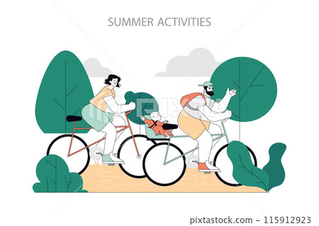Summer Activities concept. A family enjoying a bike ride in the park, with lush greenery and a cheerful atmosphere. Safe, eco-friendly recreation. Vector illustration. 115912923