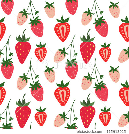 Strawberry seamless hand drawn pattern. Red and Pink Berry background with green leaves. 115912925