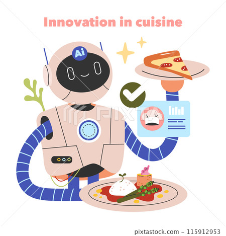 Culinary Innovation concept. A friendly robot presenting modern dishes with data analytics. Future technology and AI in food industry. Vector illustration. Culinary Innovation concept. A friendly robot presenting modern dishes with data analytics. Future technology and AI in food industry. Vector illustration. 115912953