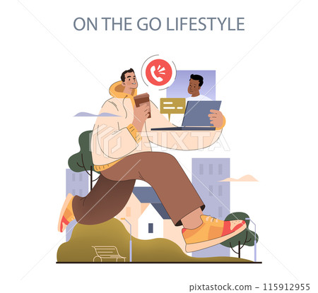On the Go Lifestyle concept. Dynamic urban professional multitasking with coffee and video call. Work-life balance in motion. 115912955