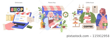 Digital and Traditional Small Business set Navigating the e-commerce realm, blooming flower shops, and cozy coffee houses The essence of modern entrepreneurship Vector illustration Digital and Traditional Small Business set Navigating the e-commerce realm, blooming flower shops, and cozy coffee houses The essence of modern entrepreneurship Vector illustration 115912958