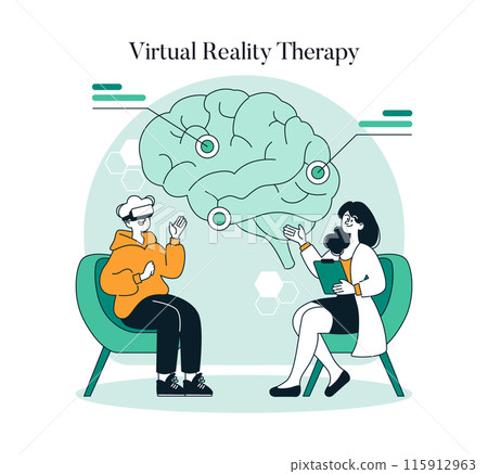 Virtual Reality Therapy concept. Patient engages in VR treatment with the guidance of a therapist, exploring mental health. Vector illustration. 115912963